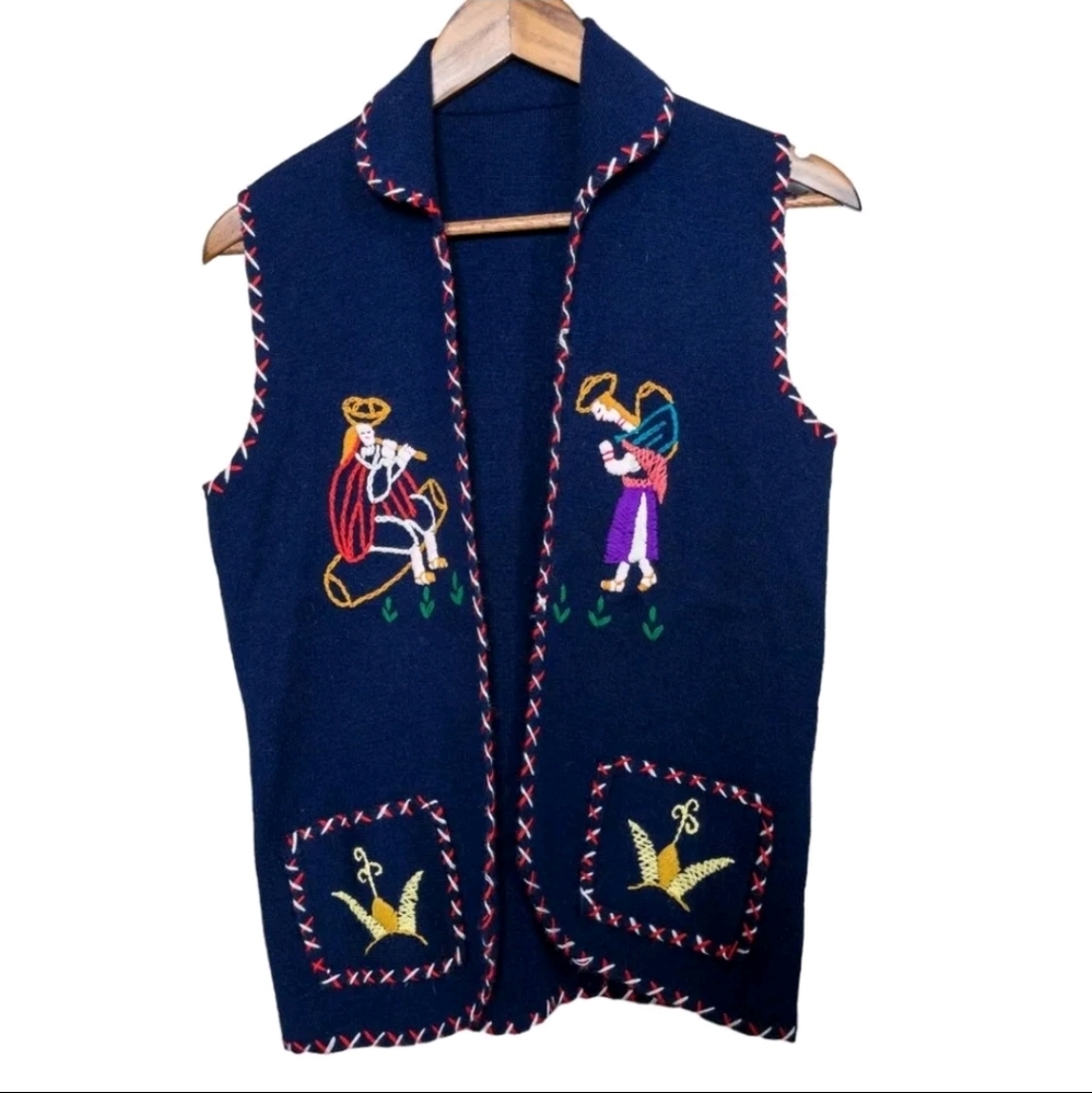 Peruvian Farmer Vest Hand Knit Blue Size S Embroidered Unique Womens